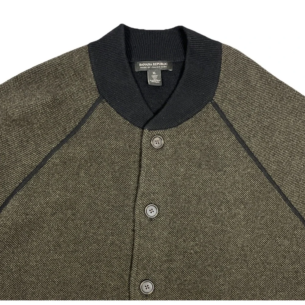 Banana Republic Mens XL Wool Birdseye Bomber Sweater Jacket Dark Gray Buttons
